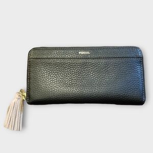 Fossil Tara Zip Around Clutch Wallet, Black with Pink Tassel